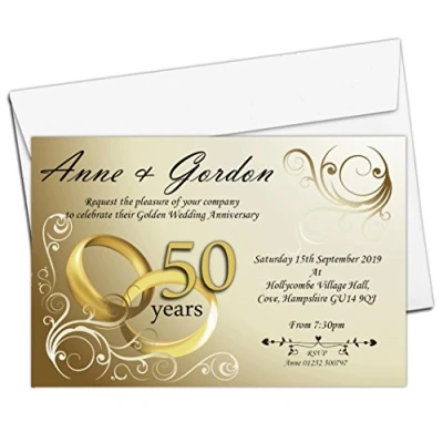 Image of 10 Personalised 50th Golden Wedding Anniversary Invitations with Envelopes N1