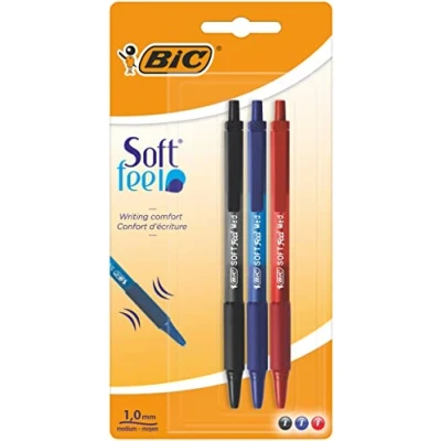 Image of Bic Soft Feel Ballpoint Pens Medium Point (1.0 mm) Assorted Colours, Pack of 3