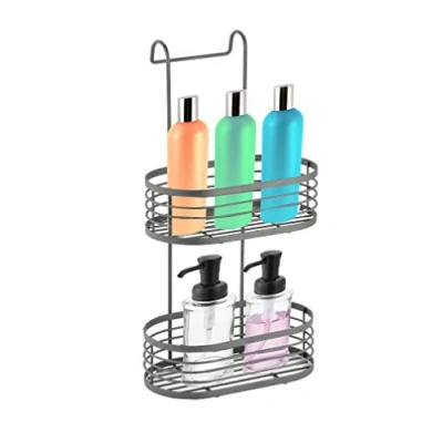 Image of Optimal Products 2 Tier Grey Over Shower Screen Caddy Hanging Bathroom Organiser Rack Storage Tidy