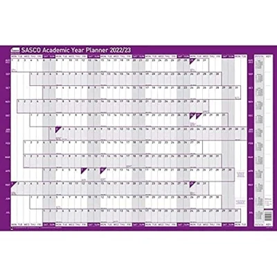 Image of Sasco 2022/23 Academic Year Wall Planner with wet wipe Pen &amp; sticker pack, Purple, Board Mounted, 915W x 610mmH, 2410164