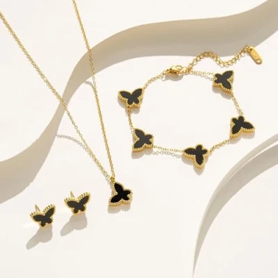 Image of RPAEOY Jewellery Set for Women Butterfly Pendant Necklace Earring Bracelet 18K Gold Plated Stainless Steel Fashion Gift Wedding Bridal Bridesmaid Birthday Anniversary (White)