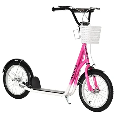 Image of HOMCOM Kids Scooter Teen Ride On Children with Adjustable Handlebar 2 Brakes Basket Cupholder Mudguard 16&quot; Inflatable Rubber Tyres for 5 12 years old Pink
