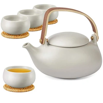Image of ZENS Vintage Japanese Tea Set, 800ml Matte Grey Teapot with Strainer and 4 Cups for Loose Leaf Steeper, Wood Handle Ceramic Pots Hot Brewing, Party Gifts.