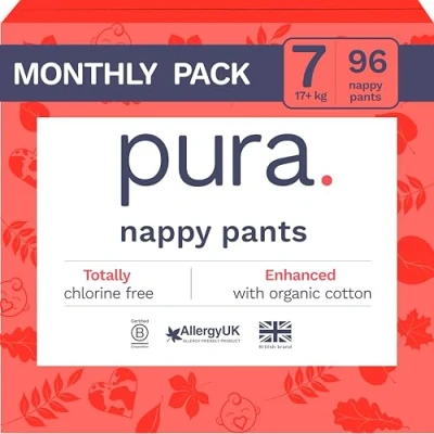 Image of Pura Eco Nappy Pants Size 7 (17kg+), 6 x 16 Nappies (96 Total), Pull Up Disposable Baby for Sensitive &amp; Allergy Prone Skin, Hypoallergenic, Fragrance Free, Easy Tear Side, New Guide