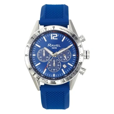 Image of Ravel Pro Round Stainless Steel Chronograph Watch with Date 100m Water Resistant Analogue Quartz RPR 005M Blue Silicone Strap/Blue Dial