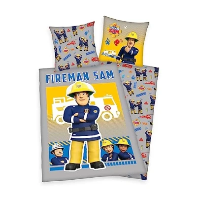 Image of Herding Fireman Sam Bed Linen Set, Pillowcase 80 x cm with Zip Closure and Reversible Pattern, Duvet Cover 135 200 Zip, Glow in the Dark, 100% Cotton/Renforcé