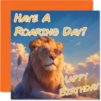 Image of Funny Birthday Cards for Women Men Cool Lion Sunglasses Happy Card Mum Dad Brother Sister Uncle Auntie Cousin Grandad Nanny Friend 145mm x Joke Pun Greeting