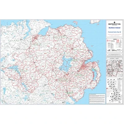 Image of Northern Ireland Postcode Sector Wall Map 36 Laminated With Motorway, A&#039; Roads, B&#039; City Plans, Area, District, Sectors
