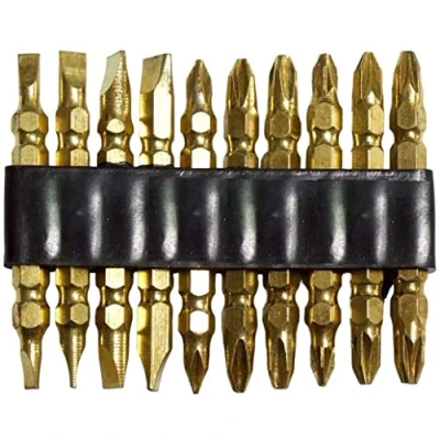 Image of 9pc Gold Double Ended Screw Bit Set Assorted Pozi &amp; Flat Power Bits Screwdriver