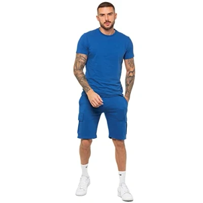 Image of 989Zé ENZO Mens Tracksuit T Shirt Shorts Set Regular Fit Plain Tee Crew Neck Top Casual Fleece Cargo EZTS603 &amp; EZSC602 BLUE S