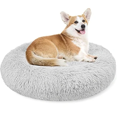 Image of Enjamoy Plush Donut Dog Bed, Calming Round Cat Bed Soft and Fluffy Cuddler Pet Cushion Self Warming Puppy Beds Machine Washable, Grey 70cm