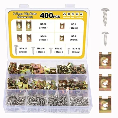 Image of Gueenky 400Pcs U Clips and Screws, 4 Sizes Clip Nuts Car Undertray Screws Metal, Speed Self Tapping Body Screw for Cars Motorcycles