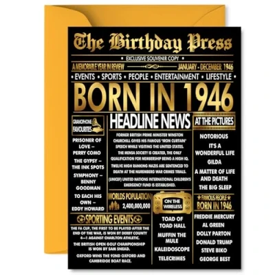 Image of Gold 79th Birthday Card for Men Women Black &amp; Golden Newspaper Born in 1946 Happy 79 Cards Nanny Brother Wife Husband Grandma Grandad, 5x7 Inch Bday Greeting