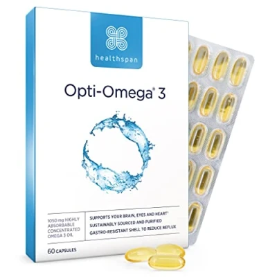 Image of Healthspan Opti Omega 3 (2 Months&#039; Supply) Optimal Absorption Fish Oil to Support Your Brain, Eye &amp; Heart Health 750mg Fatty Acids Per Capsule Gastro Resistant Shell