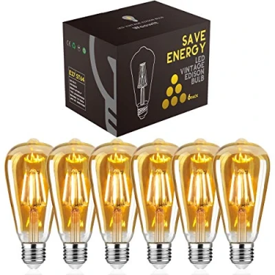 Image of Woowtt Led Edison Bulb, Vintage Light Dimmable 4W E27 Bulbs, Filament Antique Style Retro Amber Glass Screw Lamp, ST64, 2700K, 400LM, 6 Pack