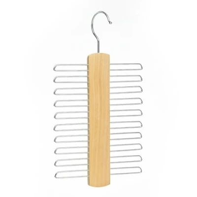 Image of Tie Hanger Wooden Hangers Wardrobe Organiser Stylish Hanging Storage Rack With 20 Chrome Bars Swivel Hook for Tie, Belt, Scarf Beech Wood (Wood)