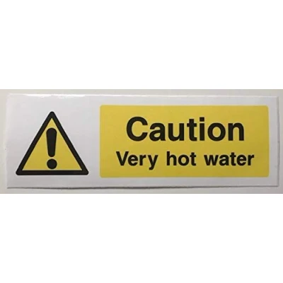 Image of Caution very hot water Safety signs (3 in a pack) Self adhesive sticker 150mm x 50mm