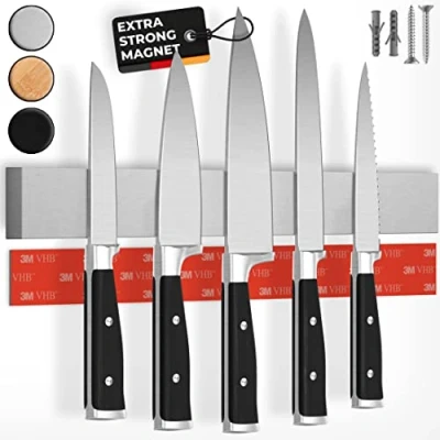 Image of CUCINO Magnetic Knife Holder for Wall 40cm (16&quot;) incl. Self Adhesive Strip, Extra Strong Magnets Walls, Rack with Optional Installation Made of Stainless Steel