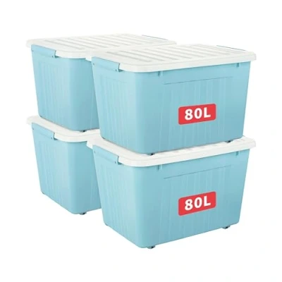 Image of Cetomo 80L*4 Aufbewahrungsboxen mit Deckeln, Kunststoff Aufbewahrungsbox Rollen und Clips, Kunststoffbox für Zuhause Büro, BPA frei, Nestbar, Stapelbar, Blau, 80L 4er Pack