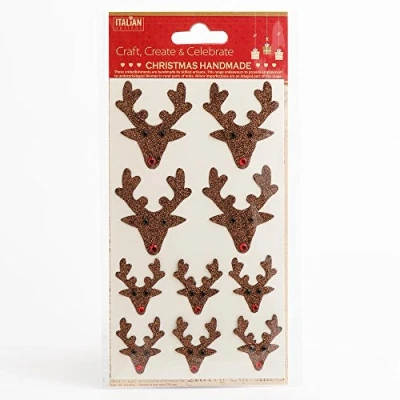 Image of Italian Options Handmade Christmas Self Adhesive Glitter Reindeer 10 Pack Brown Embellishments