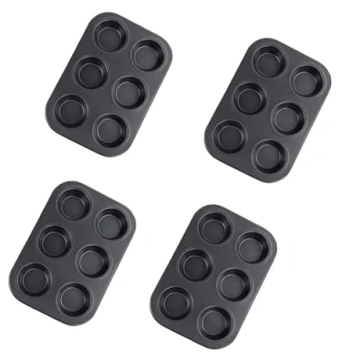 Image of SDMAX Non Stick 6 Slot Baking Tray, Muffin Sturdy, Heat Resistant, Cupcake Pan, Yorkshire Pudding Pies, Round, Cake Mould, Easy to Clean, Black (4PCS)