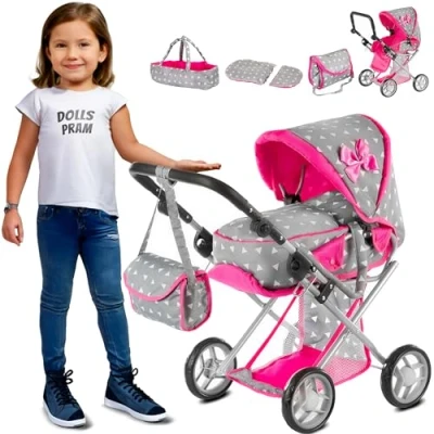 Image of Kinderplay Dolls Pram 3 in 1 Toy Baby Doll Pushchair Buggy Stroller with Adjustable Handle (36.5 64 cm), model KP0200S