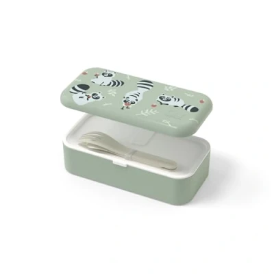 Image of monbento Kids Lunch Box MB Foodie Raccoon with Pocket Cutlery Set Beige Cute Bento Made in France Ideal for Lunches or Snacks at School/Park Green &amp;