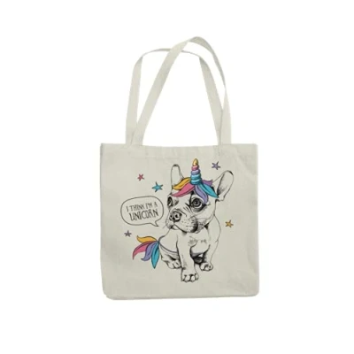 Image of Super Lemon French Bulldog I Think im a Unicorn Tote Reuseable Shopping Bag Novelty Present Gift Printed Eco Friendly Stylish Long Handled Shoulder Bag, Great Or for Any Dog Lover…