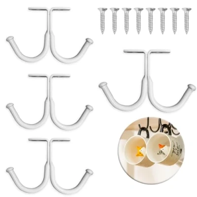 Image of UBRAVE Cup Holder Under Cabinet, 4 Pcs Mugs Hooks Shelf, Mug Rack with Double Hooks, Shelf Cabinet Bar Kitchen Glasses Storage Drying Tea Display Screws, White