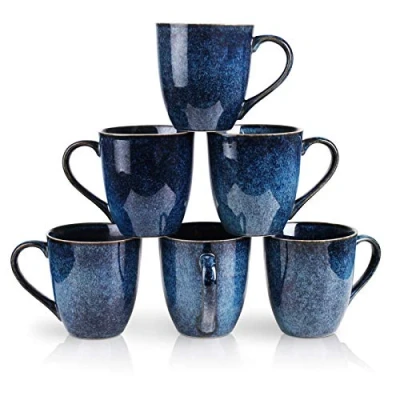 Image of vicrays Stoneware Tea Mug Set of 6, 350 ml, Coffee for Men, Women, Unique Glazed Mugs with Handle Coffee, Tea, Milk, Cocoa, Cereal (Starry Blue)