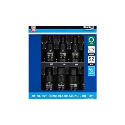 Image of Blue Spot Tools 10 PCE 1/2 Impact Hex Bit Sockets (H4 H19)