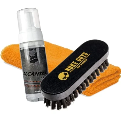 Image of detailmate Alcantara Care Bundle FoxedCare Foam Alcantar Cleaner 150 ml + Nuke Guys Leather and Textile Brush Premium Microfibre Cloth 320 GSM Suitable for All Types of