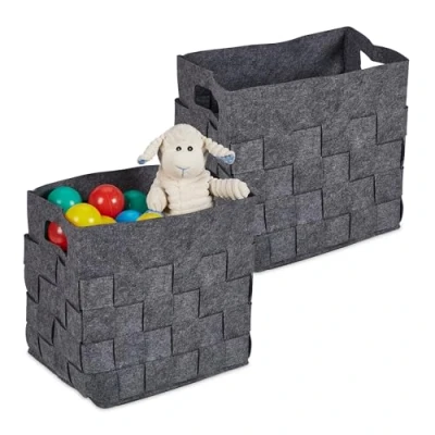 Image of Relaxdays Set of 2 Storage Basket, Foldable Shelf Box, Bathroom, Toys, 30x30x24 cm, Felt Containers with Handles, Grey, 30 x 24 cm