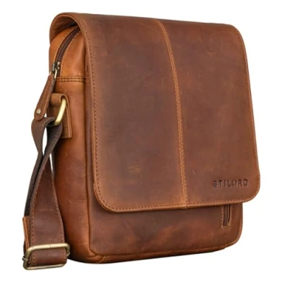Image of STILORD &#039;Matt&#039; Small Mens Bag Leather Shoulder Messenger Handbag Vintage Man Purse Cross Body for 9.7&#039; Tablets Satchel Genuine Leather, Colour:Cognac Brown