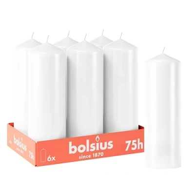 Image of Bolsius Smooth Pillar Candles White Pack of 6 20 x 7 cm Decorative Household Burn Time 75 Hours Unscented Contains Natural Plant Wax Without Palm Oil