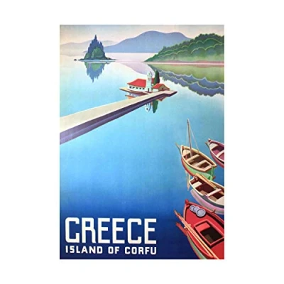 Image of Wee Blue Coo Travel Island Corfu Greece Boats Pier Wall Art Print