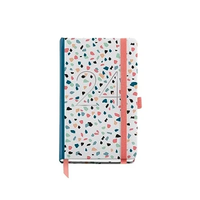 Image of Miquelrius Annual Diary 2024, Day Page, Passport Size 90 x 140 mm, Hard Cover, Stitched Binding, Elastic Closure, Spanish, English and Portuguese, Terrazzo with Stamping Silver