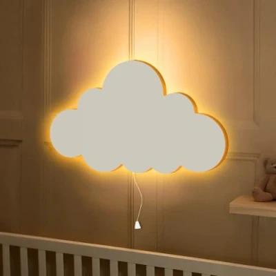 Image of Marco Paul Modern Wooden White Cloud Shaped LED Night Light ‎Battery Powered Kids Childs Room Decor Wall Lights Mounted Nursery Bedside Lamp Baby Gifts Bedroom Lighting