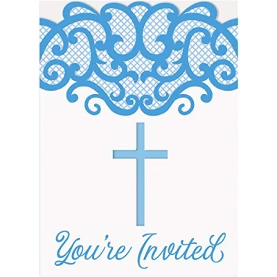 Image of Elegant Fancy Blue Cross Invitations (11cm x 21cm) Perfect for Religious Celebrations, Baptisms &amp; Christenings 8ct