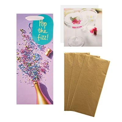 Image of Hallmark Multi Occasion Gift Wrap and Card Bundle 1 Bottle Bag, 3 Gold Tissue Paper Sheets Blank in Contemporary Designs