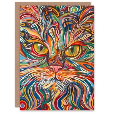 Image of Artery8 Birthday Card Rainbow Trippy Maine Coon Cat Painting Animal Lover For Him Her Man Woman Girl Boy Wife Husband Greeting