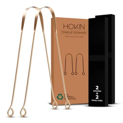 Image of HOKIN Tongue Scraper, Copper Bad Breath Treatment, 100% Scraper for Men and Women Brush Oral Hygiene Cleaner (2 Pieces)
