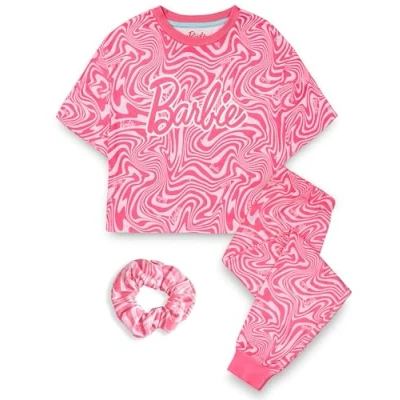 Image of Barbie Girls Pyjama Set Childrens Wavy All Over Print Pink Short Sleeve Long Leg Graphic PJs Bundle with Scrunchie Doll Toy Apparel Complete Matching Nightwear Merchandise Gift for Kids