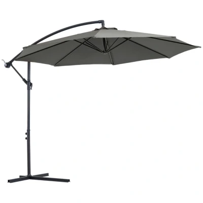 Image of Outsunny 3(m) Garden Banana Parasol Hanging Cantilever Umbrella with Crank Handle, 8 Ribs and Cross Base for Outdoor, Sun Shade, Grey