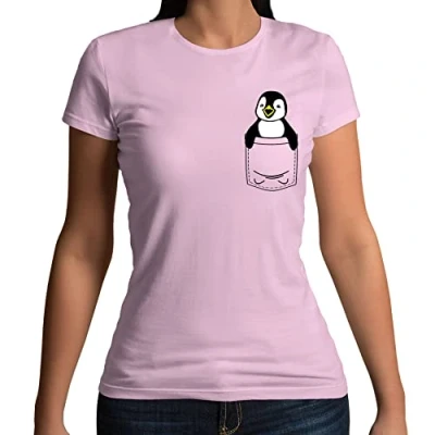 Image of Womens Penguin Cute Animal Pocket Print T Shirt Pink UK 16 18 (Plus Size XL)