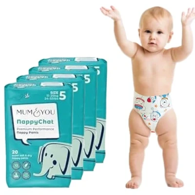 Image of Mum &amp; You Premium Eco Friendly Dry Baby Nappy Pants Size 5 (11 25 KG), 80 Count (4 Packs of 20) Dermatologically Tested with 12 Hr Leak Protection Wetness Indicator Rash Free