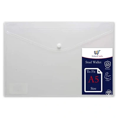 Image of A5 Plastic Wallets Clear Popper Wallet Envelope Folders Transparent School Document Folder Press Stud Carry File Pockets Office Files Button Closure (to Fit Size 1 File)