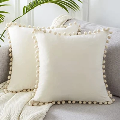 Image of Topfinel Cushion Covers 45x45,Boho 18 x inches,Cream Velvet Pom Spring Soft Cover with Invisible Zip for Sofa Chair Living Room,Pack of 2