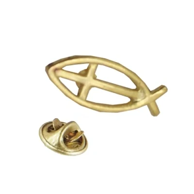 Image of Icthus Religion Brooch Religious Lapel Pin Gold Badge Fish with Cross 1606