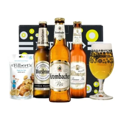 Image of German Breweries Craft Beer Case Gift Set With Glass (Bitburger, Warsteiner &amp; Veltins) 3 Pack